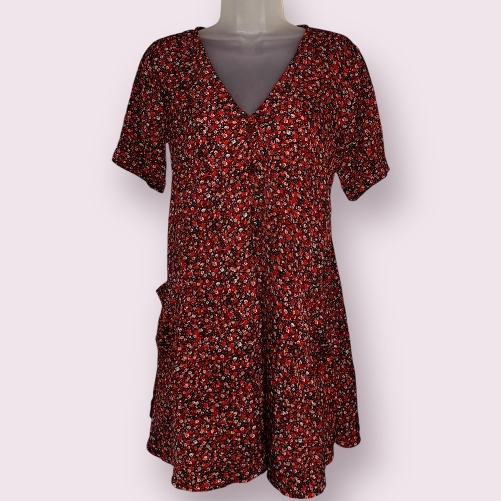 NWT Missguided Red Floral Button Front Mini Dress Short Sleeve Size 2
